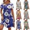 Women's Short Sleeve Floral Print Casual Dress with Round Neck Waist Tie and Pockets Relaxed Fit Summer Dress
