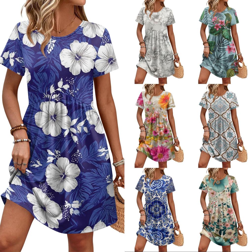 Women's Short Sleeve Floral Print Casual Dress with Round Neck Waist Tie and Pockets Relaxed Fit Summer Dress