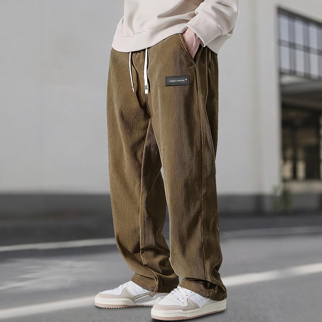 Men'S Corduroy Straight Leg Pants with Drawstring Waist, Pockets, and Logo Design - Stretchy, Casual Fit for Everyday Wear, Spri