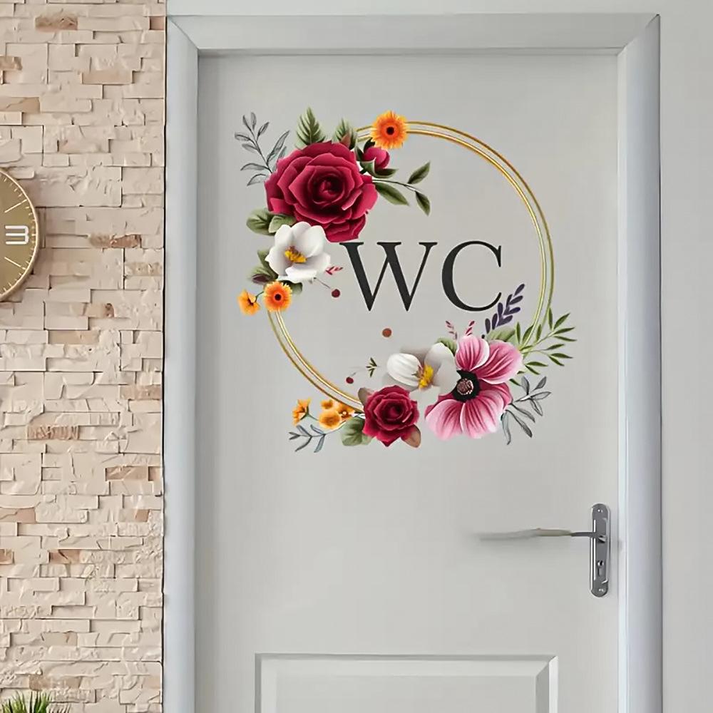 Floral WC Door Sign Sticker Self Adhesive Waterproof Bathroom Toilet Decor