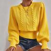 Women's Solid Color Knitted Pullover Sweater Round Neck Lantern Sleeve Top