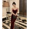 Velvet Dress Women's Morning Inside Temperament Socialite Medium and Long Suspender Skirt Pleated Waist Hip Skirt