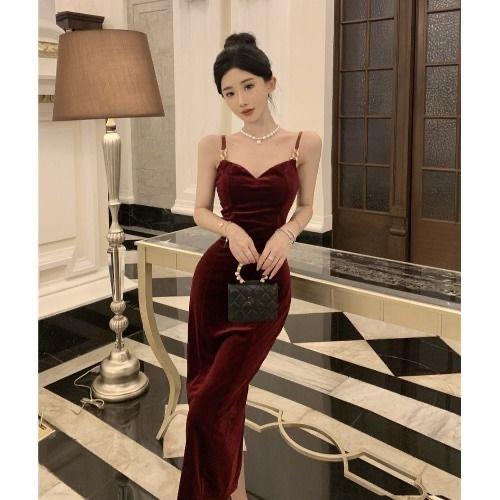 Velvet Dress Women's Morning Inside Temperament Socialite Medium and Long Suspender Skirt Pleated Waist Hip Skirt