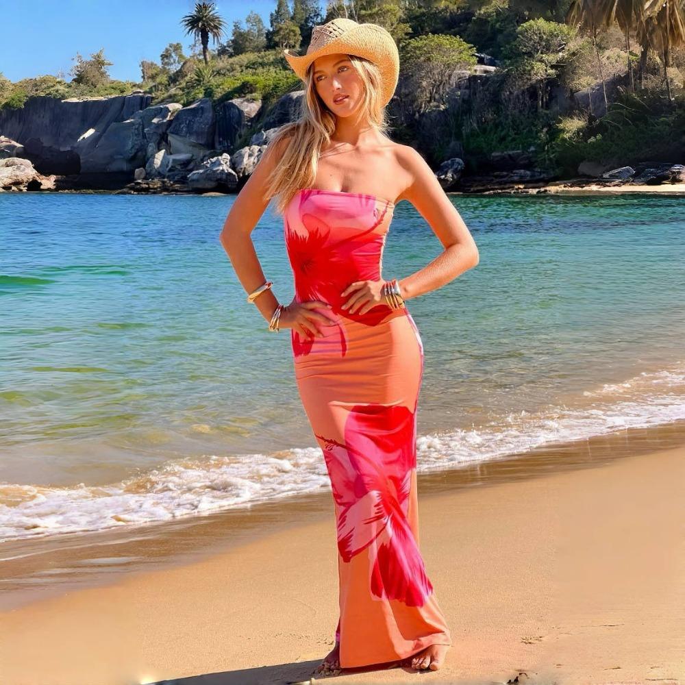 LYRIA Slim Blumenmuster Schulterfrei Ärmellos Rückenfrei Eleganz Kleid Damen Bodycon Lang Tube Top Kleid für Party Club