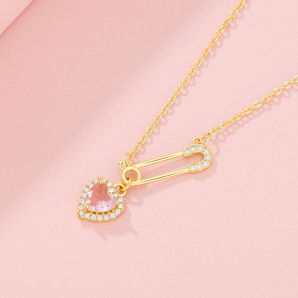 1PCS Niche Safety Pin Necklace With Pink Heart Charming Crystal Love Pendant Luxury Stainless Steel Chain Combination Jewelry