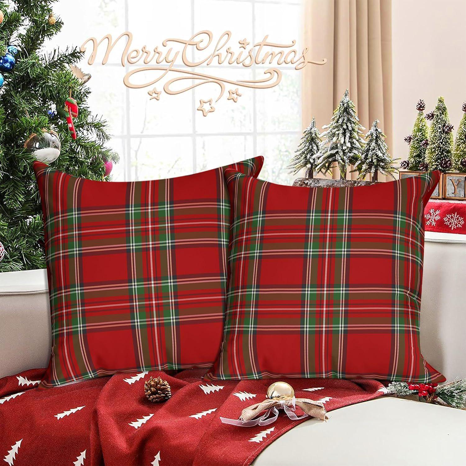 

Cotton Edward Tartan Plaid Cushion Cover - Hand Woven - Sofa Throw Pillow Case - Bed Cushion Cover - 18 x 18 Inch - Set of 2 - Red