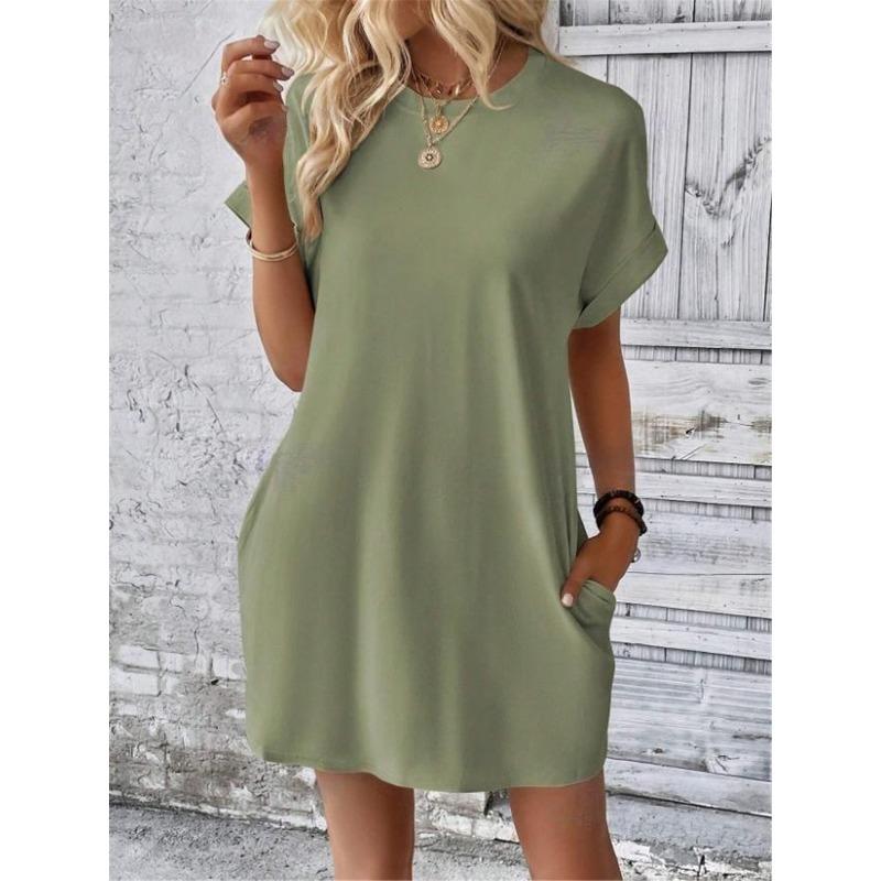 Women Casual Solid Color Round Neck Bat Sleeve Invisible Pocket Loose Short Sleeved Dress