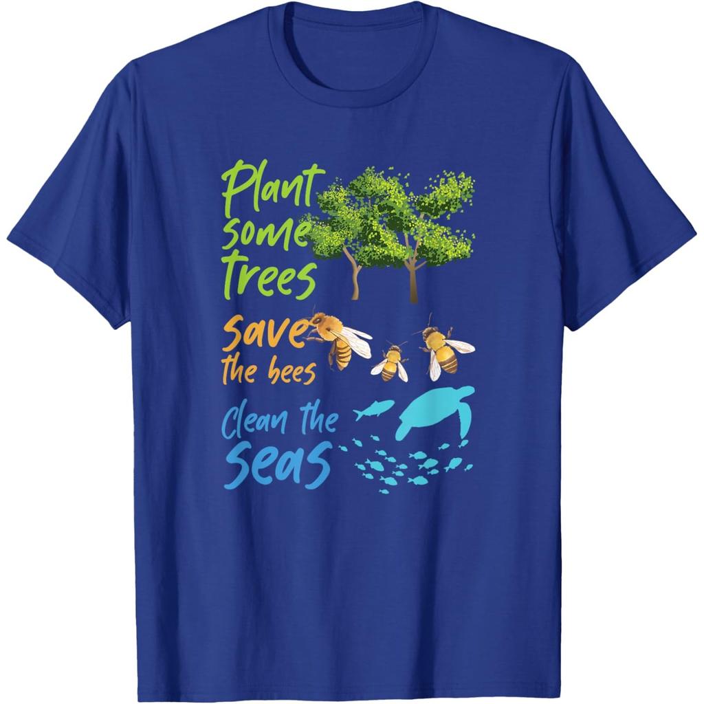 Plant Trees Save Bees Clean Seas Turtle Graphic Cotton T-Shirt Casual Crewneck Tee