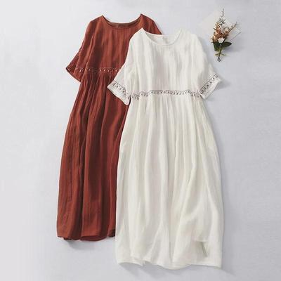 2023 Retro Embroidered Cotton-Linen Dress - Women's Loose, Round Neck, Short Sleeve, Long Swing Skirt