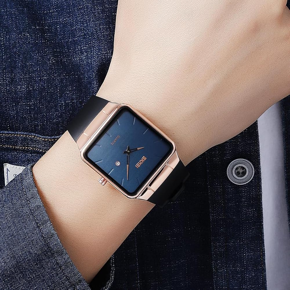 Square Men's Watch Leather Band Black Simple Slim Stylish Waterproof Business Casual Rose Gold Blue
