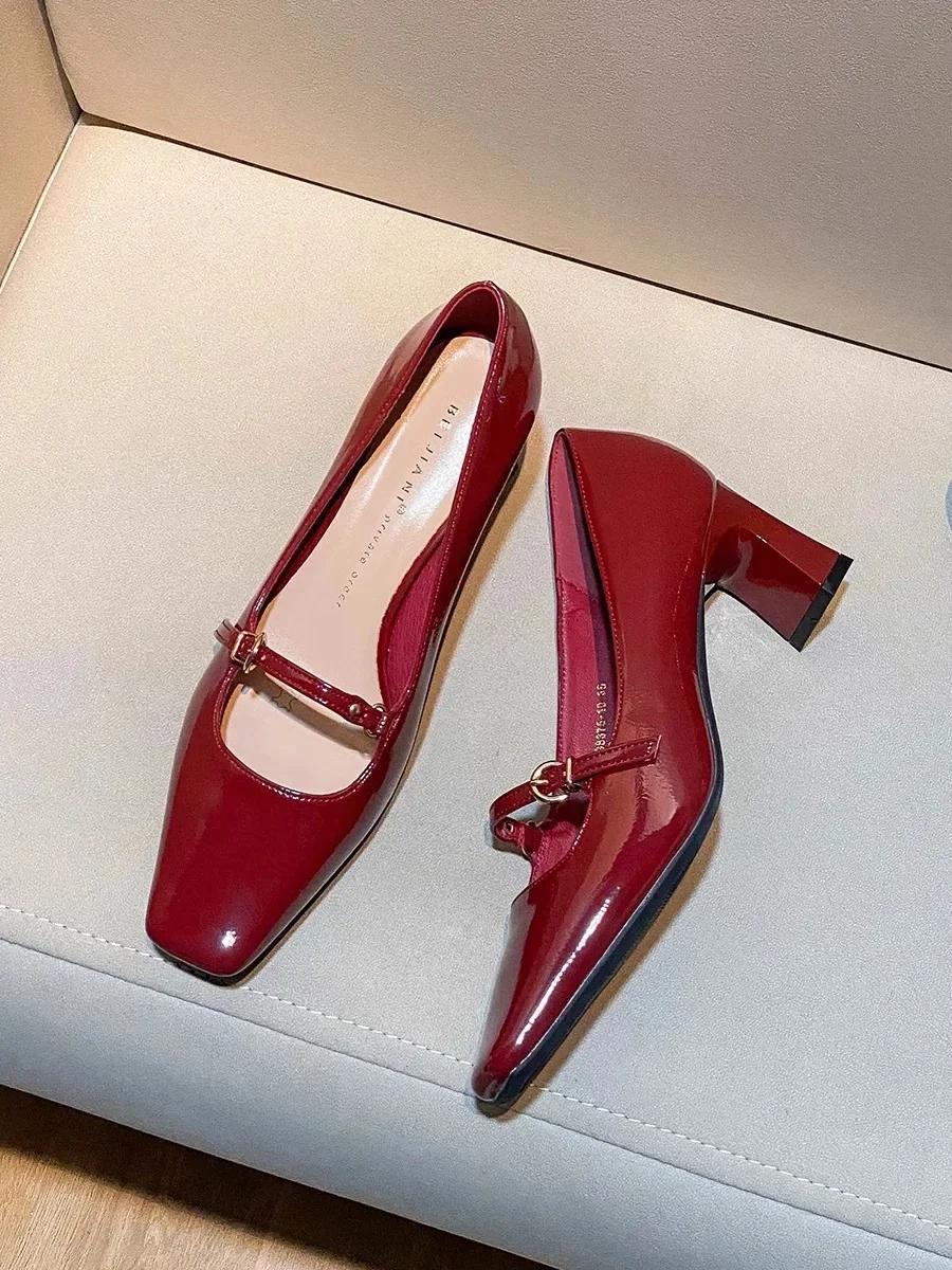 

Coarse order shoes French one character new style Spring and Autumn buckle square toe high heels by 2025 35 вина червоного кольору