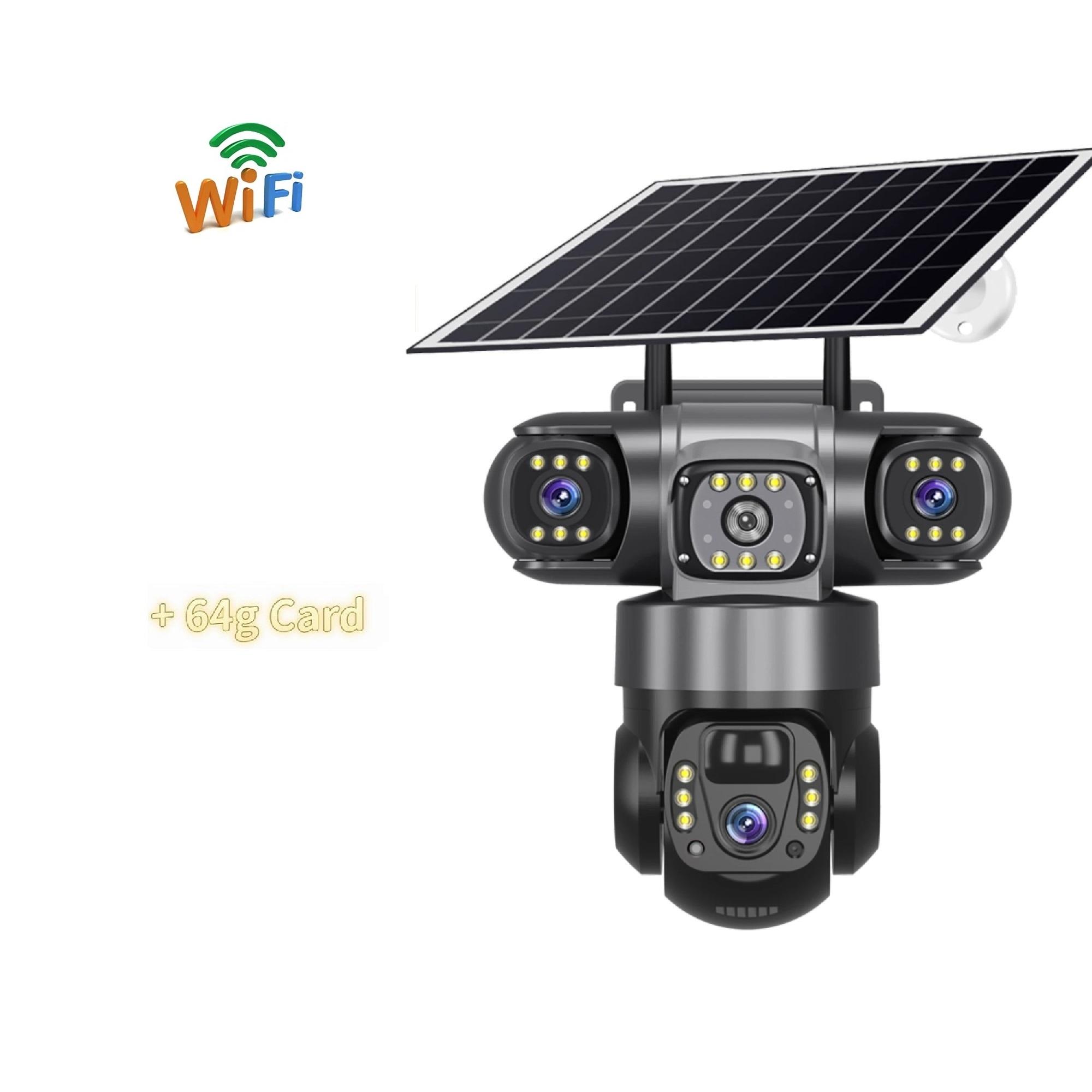 

Сонячна камера 4G/WIFI з 3 об єктивами та 3 екранами, вулична CCTV, водонепроникна, нічне бачення, двосторонній зв язок, мобільне відстеження, IP-камера 【WIFI】Camera+64g Card чорний