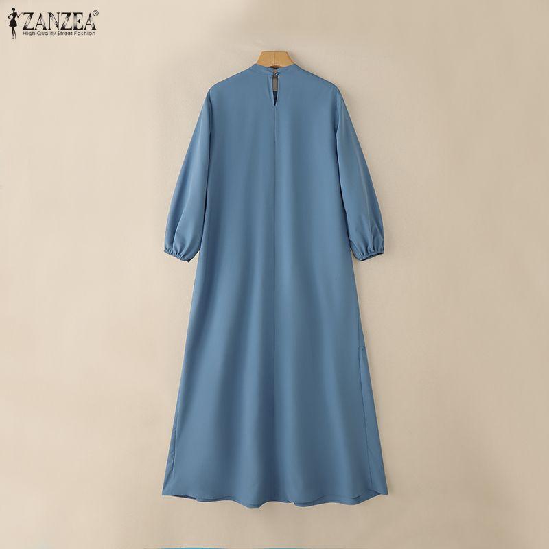 ZANZEA Women Casual Round Neck Solid Color Long Sleeve Long Dress