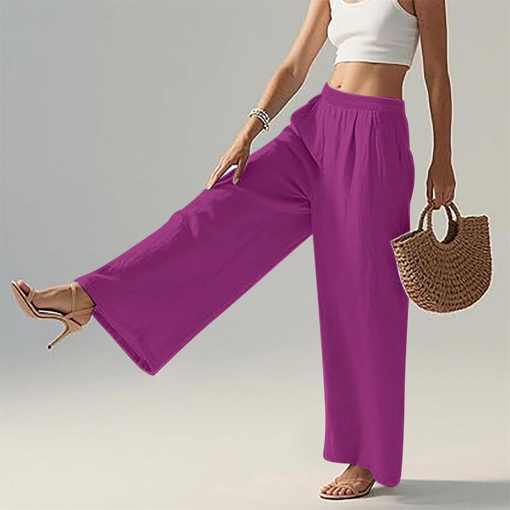Women's Flowy Linen Wide-Leg Pants - Summer Beach Travel Wear with Elastic Waist & Pockets