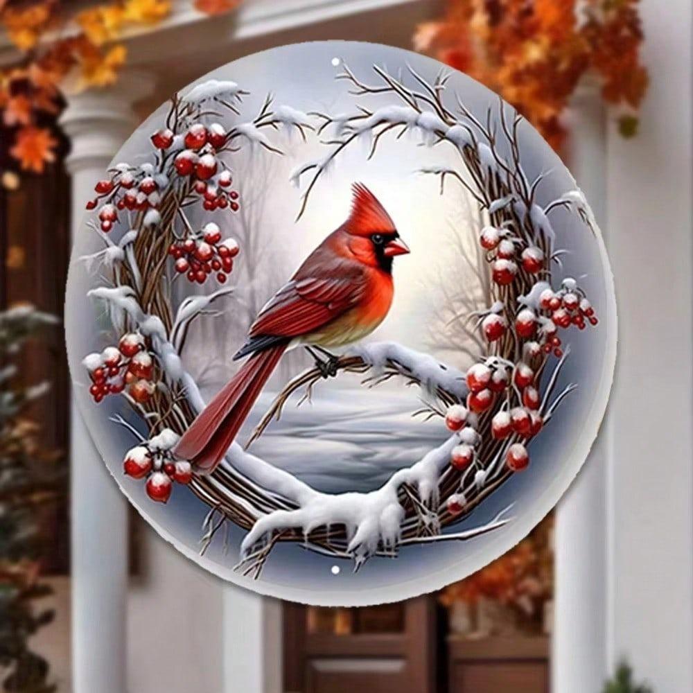 8x8 Inch Aluminum Red Grey Bird Christmas Wreath Sign, Winter Door Hanging Wall Decor for Home