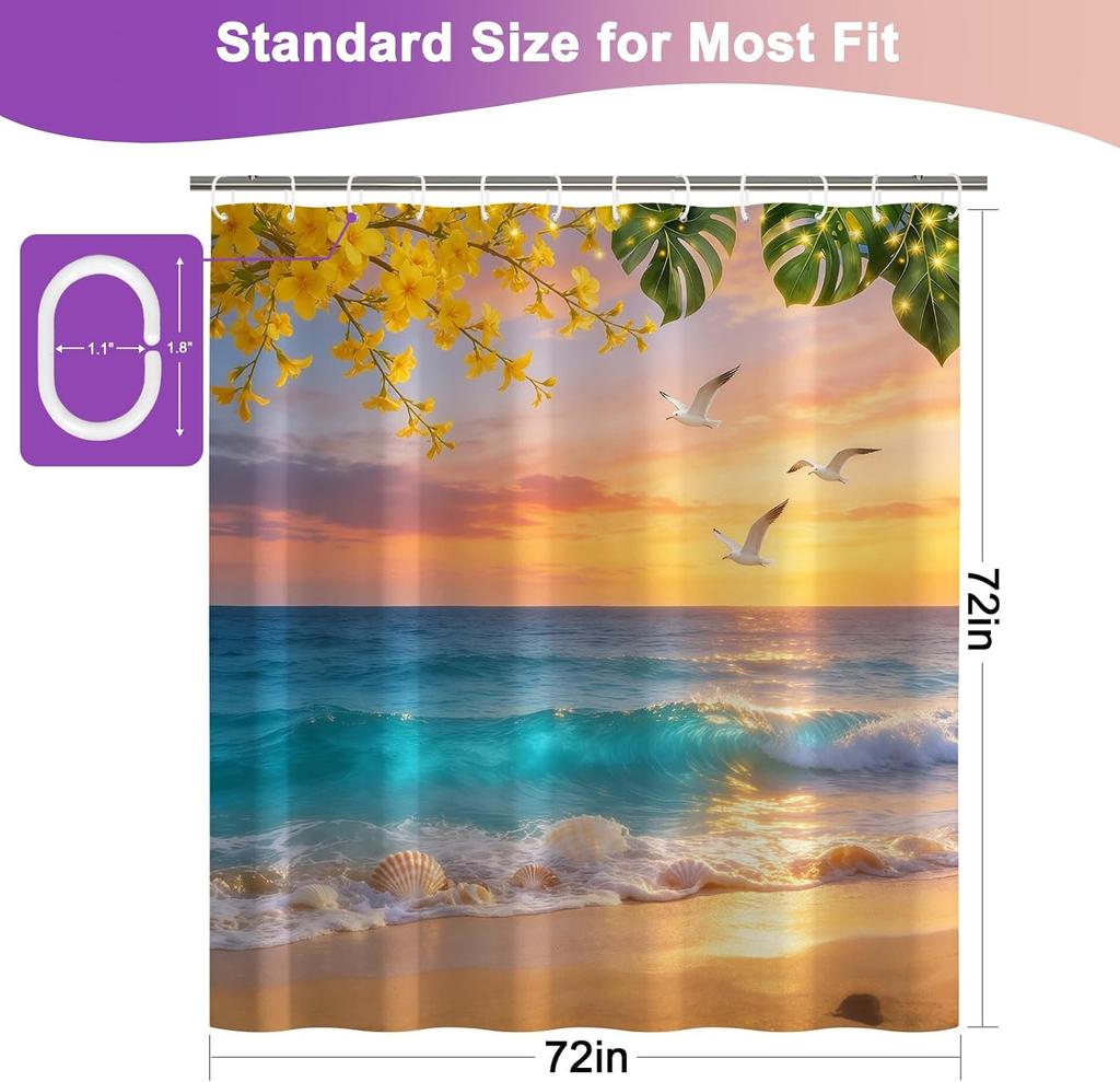 Tropical Ocean Sunset Beach Shower Curtain Coastal Floral Aesthetic Waterproof Bathroom Bath Shower Curtain Polyester Home Decor