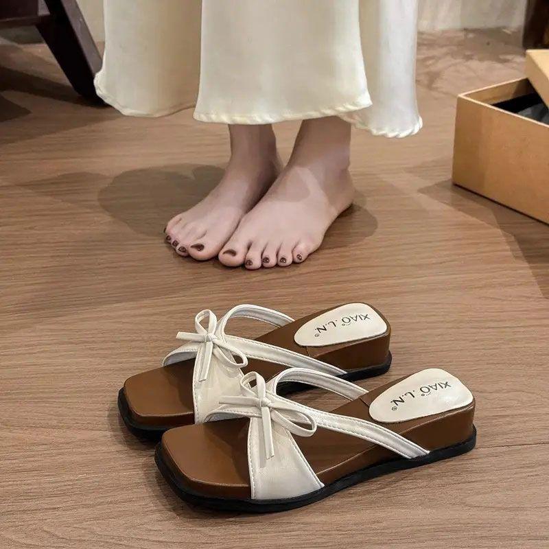 Korean Fashion Bow Wedge Slippers Female 2025 Summer New Retro Open-toed Fairy Wind Thick-bottomed Cool Slippers