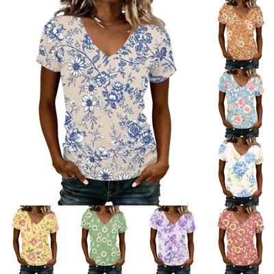 Damen V-Ausschnitt Kurzarm T-Shirt Blumendruck Lässig Lockerer Schnitt Leichtes Bequemes Oberteil für den täglichen Gebrauch