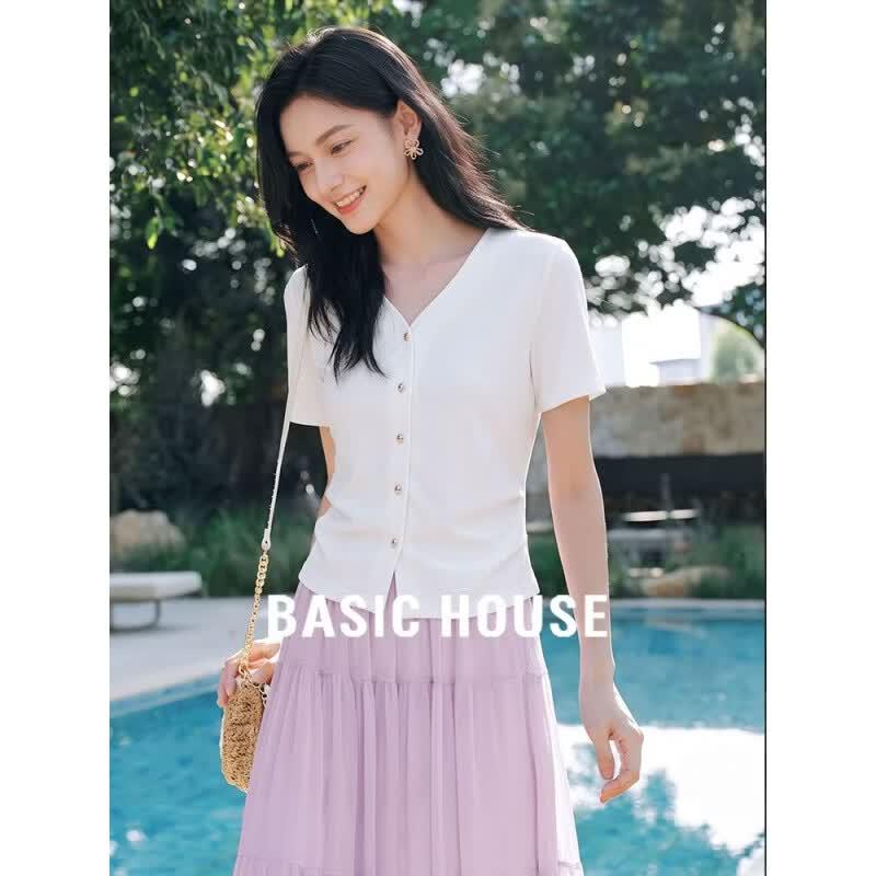 Basic House Women s French Style V-neck Short Sleeve T-shirt XL