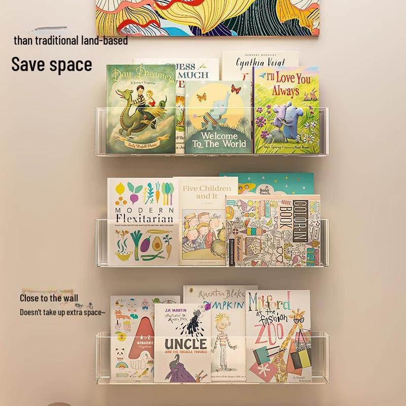 Punch-Free Wall-Mounted Acrylic Bookshelf: Transparent Aisle Door Rear Shelf for Children's Picture Books