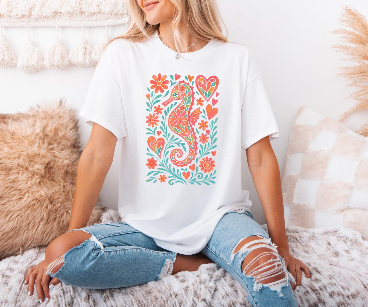 

Plus Size Summer Womens Vintage Floral Seahorse Print TShirt Cotton Breathable Stylish Versatile Street Style Oversized 4XL