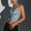 Halter Top Glitter Tanks 2025 Summer Outfits Blue Bright Silk Camis Ruched Top Crop Backless Vests Sexy Tops Cropped Clothes