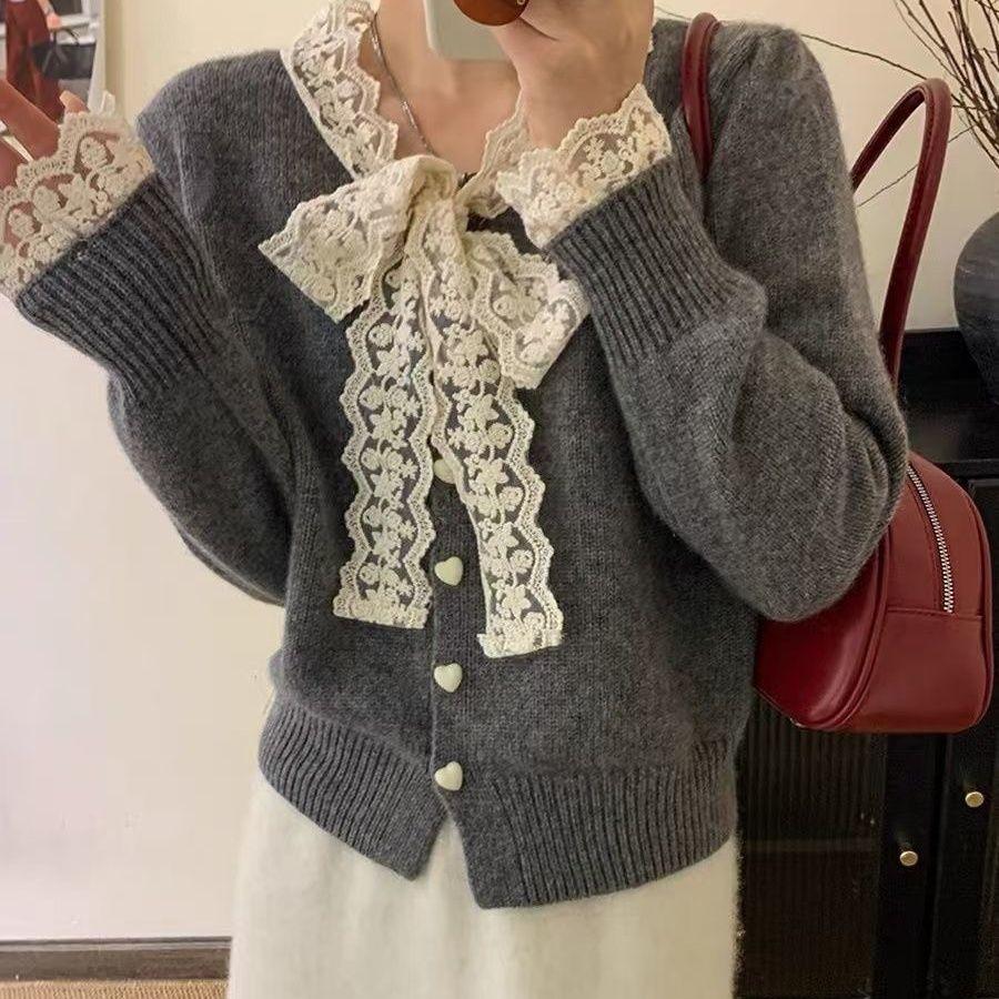 Lace and Pearl Cardigan Women's Bow Knitted Cardigan Loose Sweater for Autumn and Winter Long-sleeved Top Coat