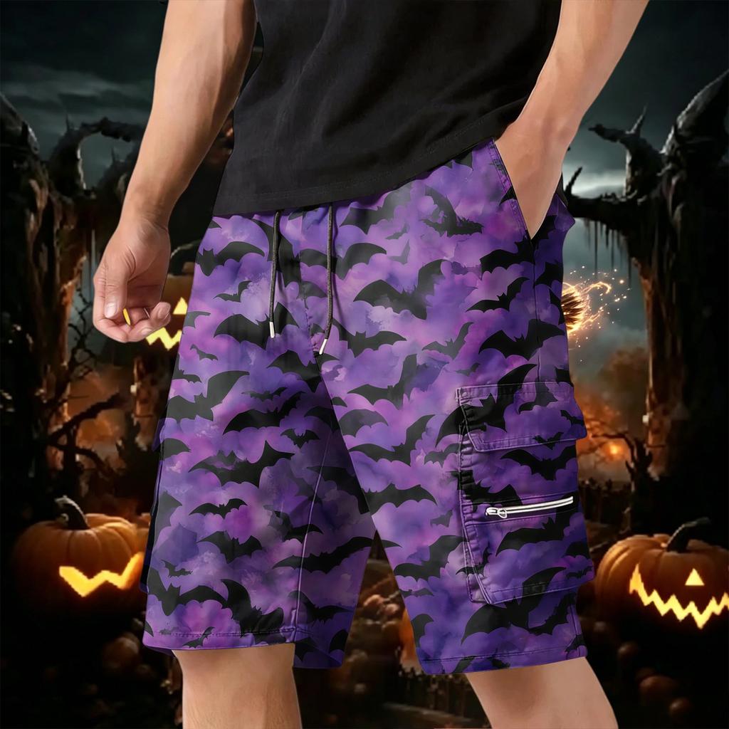 Men Drawstring Multi Pocket Cargo Shorts with Halloween Pumpkin Print Casual Loose Fit Knee Length Trousers for Daily Wear