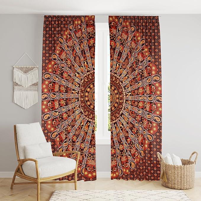 BLESS INTERNATIONAL Beautiful Indian Bohemian Psychedelic Hippie Tree of Life Window Curtain Panels for Bedroom, Living, Balcony (Red Camel Mandala)