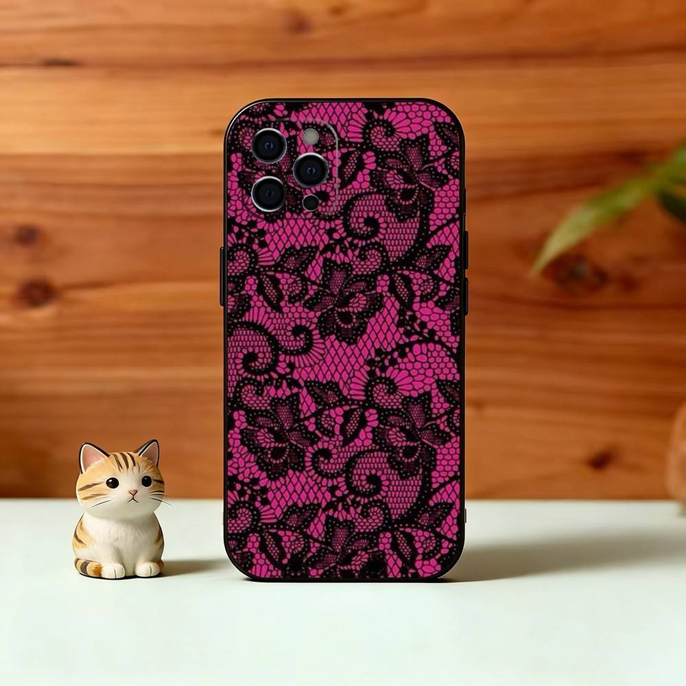 

B-Black lace print Phone Case For iPhone 17,16,15,14,13,12,11 Plus,Pro Max,XS,Soft Silicone Black Cover iPhone14