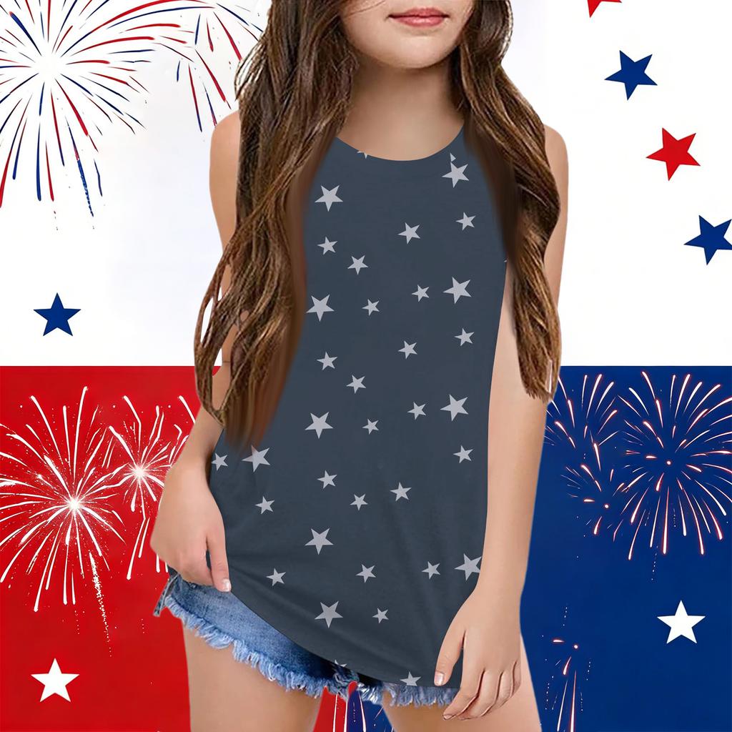 Girls  Kids Summer Crewneck Sleeveless Shirts Tank Tops Independence Day