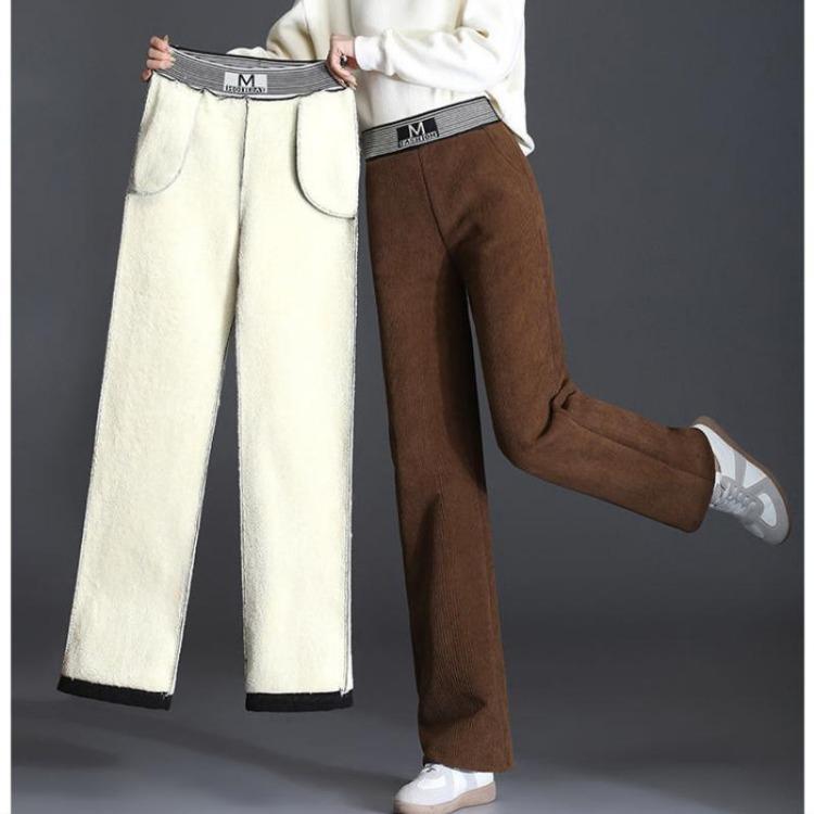 Women's High Waist Velvet Warm Wide Leg Pants Loose Straight Trousers Thickened Bottom Fashion Plus Size Autumn Winter