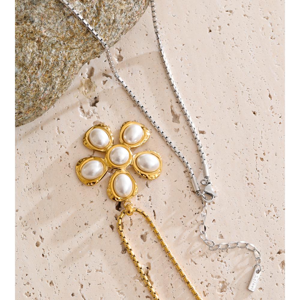 Yhpup High Quality Simulated Pearl Flower Pendant Necklace 2025 Popular Style Stainless Steel Attractive Jewelry for Women Gift