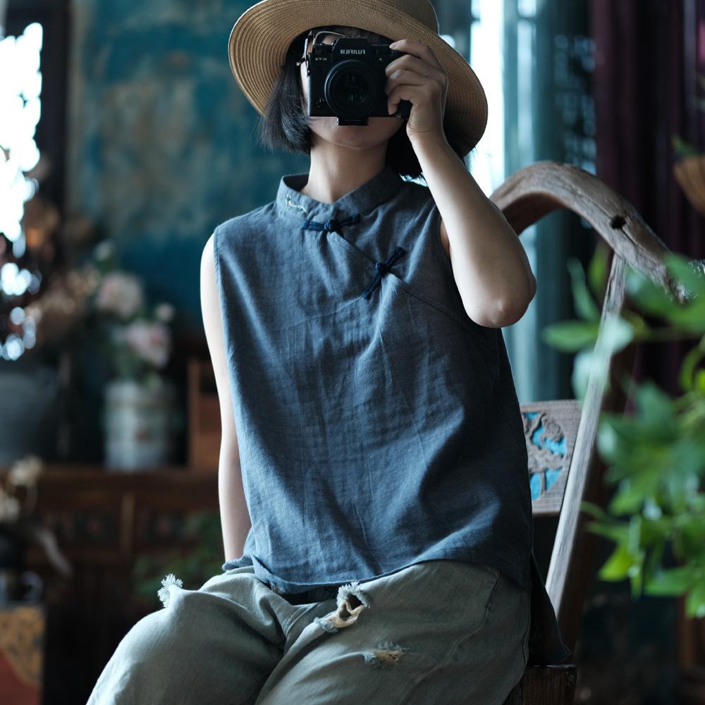 

Johnature Женские винтажные синие рубашки, топы без рукавов, летние женские рубашки на пуговицах в китайском стиле One Size синий