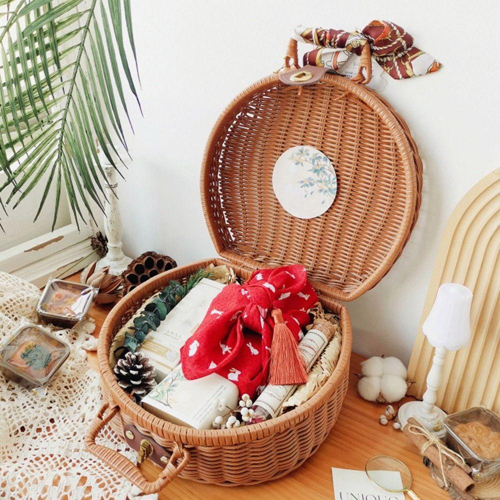 Handmade Rattan Woven Luggage Box Round Picnic Basket Vintage Wicker Suitcase  for Home