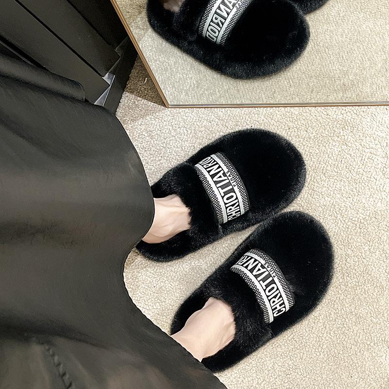 Große Tasche Kopf dicke Sohle Flaum Schlepp Damen Schuhe tragen 2025 Herbst und Winter neue Druckmode Plüsch Baumwollpantoffeln