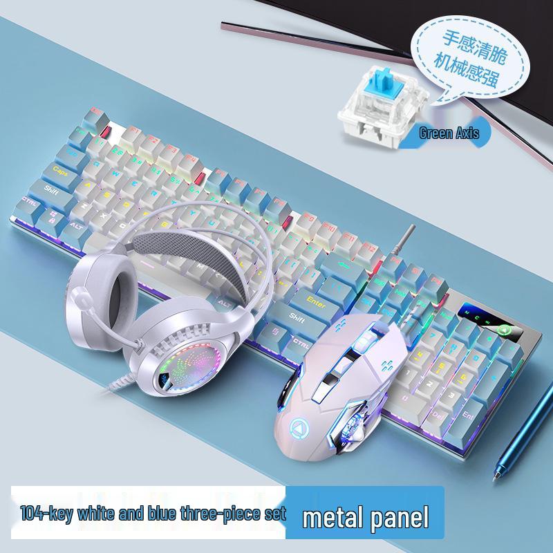 Silver Carving Mechanical Keyboard Set: 87/104 Keys, Blue/Black Clicky Switches, Mouse & Headset for Wired Esports Gaming