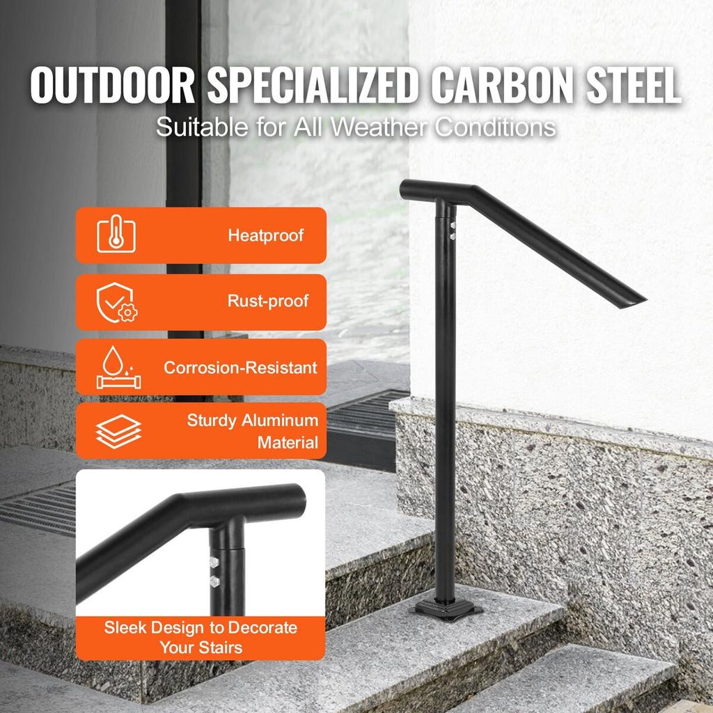 Handrail, 1-3 Step Black Steel Railing for Steps 330LBS Capacity Stair Handrail Baking Varnish Metal Handrail for Stairs Stylish Handrails for Outdoor