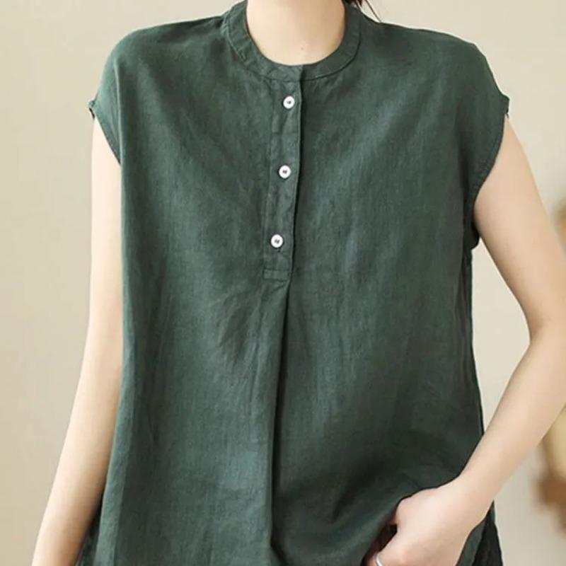 Womens Khaki Linen Henley Top Casual Mandarin Collar Cap Sleeve Loose Blouse M зелёный