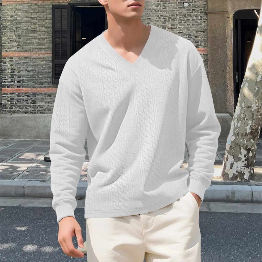 Spring Autumn Soild Color Jacquard V Neck Sweatshirt Knit Pullover Men's Casual Sweatshirts Long Sleeved Tops Sportwear