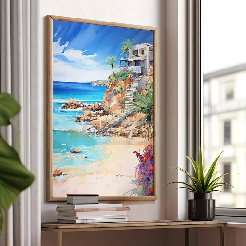 Watercolor Style Mediterranean Coast Sea Poster Seaside Landscape Prints Canvas Painting Wall Art Pictures Home Room Beach Decor