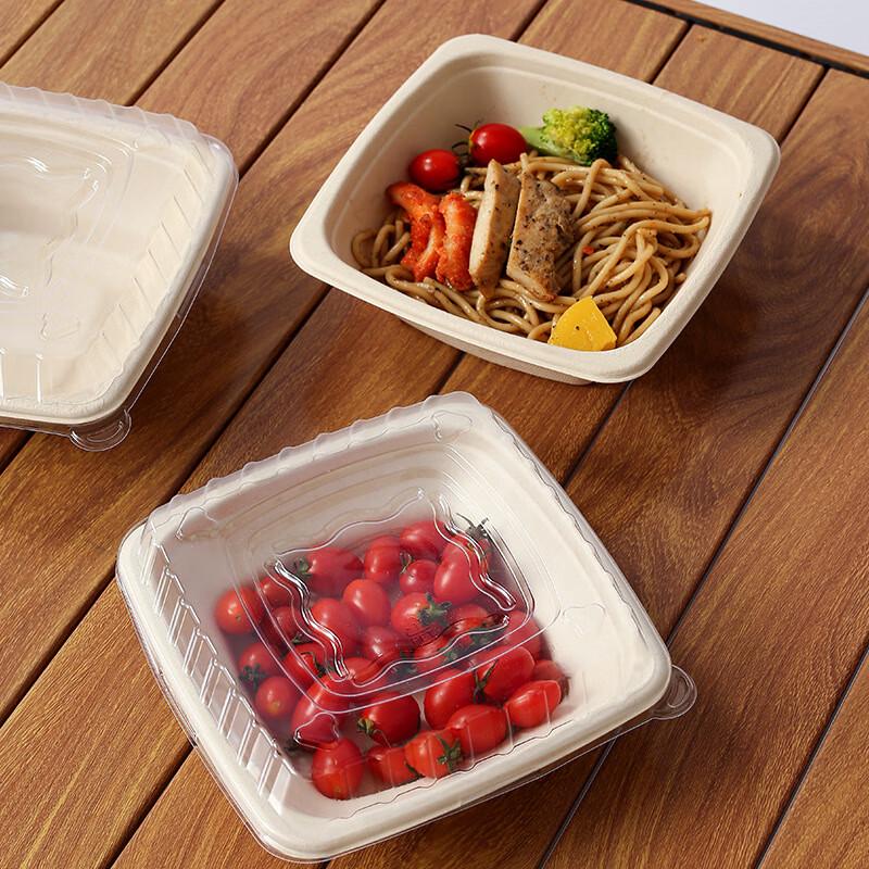 24oz Square Sugarcane Pulp Takeout Bowls with PET Lids, 100-Pack