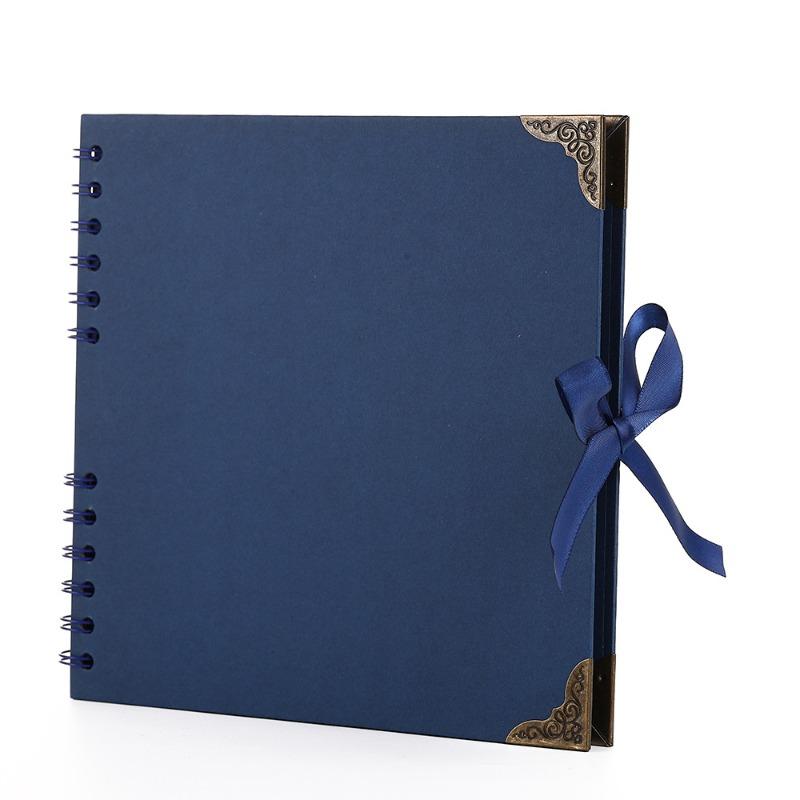 

Vintage Kraft Paper Inner Page DIY Scrapbook Album Bow Ribbon Closure Photo Album Handmade Memory Book for Photo & Note Collage синий