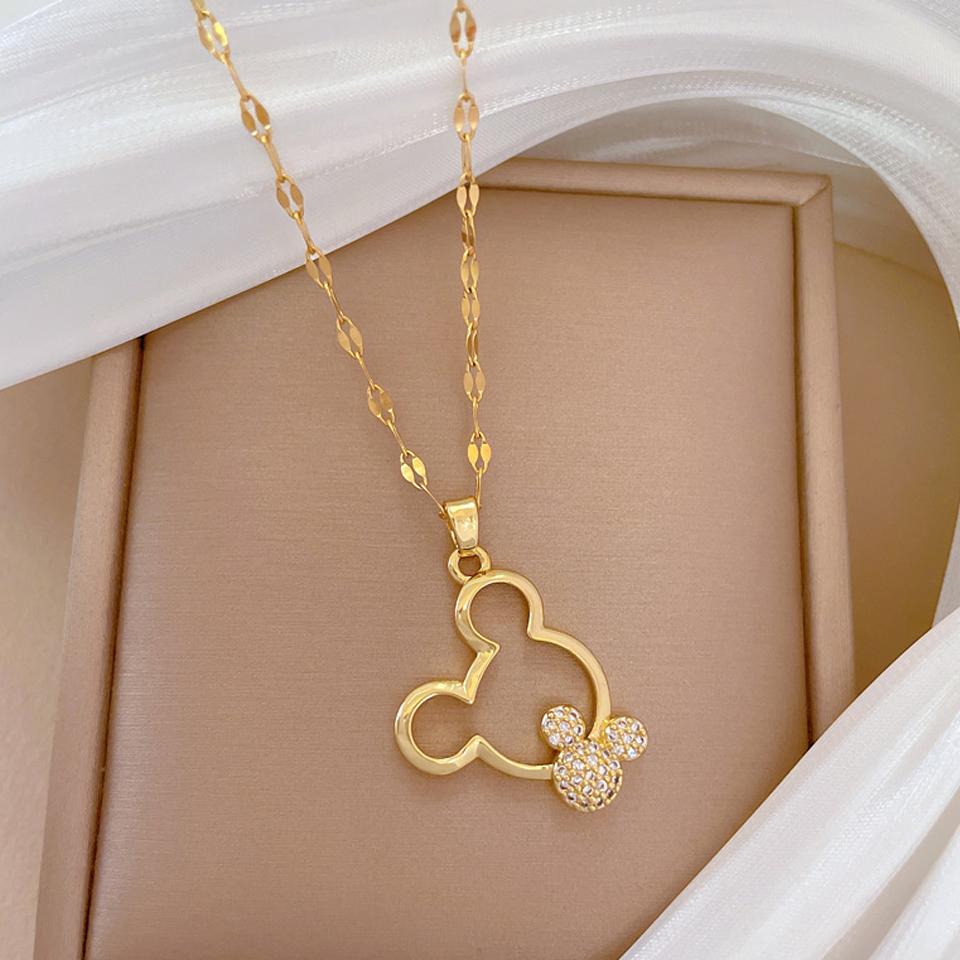 ZAKOL Gold Color Stainless Steel Hollow Mouse Head CZ Necklace for Women Cute Collar Accessories Girls Birthday Gift
