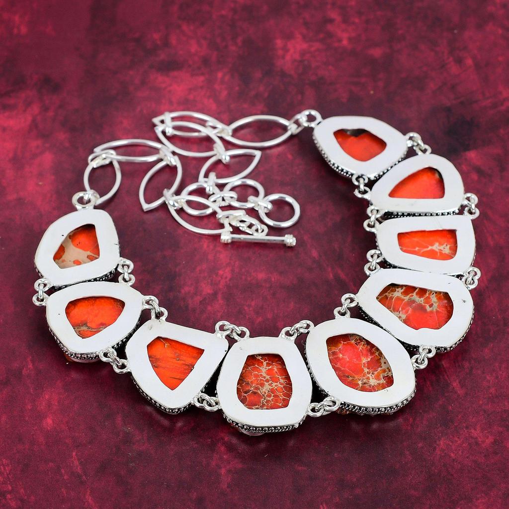 Orange Sea Sediment 925 Solid Sterling Silver Necklace with Adjustable Chain, Handmade Gemstone Jewelry Necklace For Memorial Day