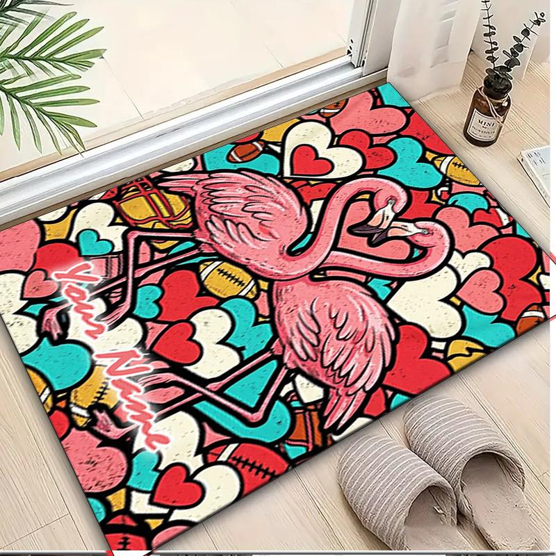 1PC Custom Name Flamingo Love Heart Theme Floor Mat Ideal for Living Room, Game Rooms, Office, Bedroom,Floor Mat Playful Design