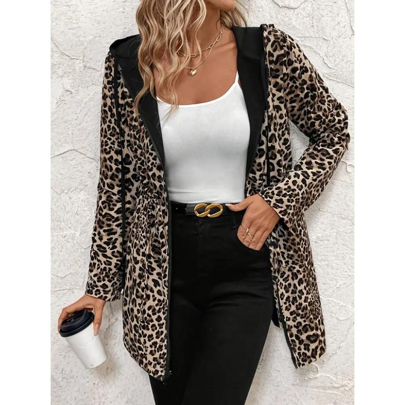 Womens Reversible Leopard Print Hooded Zip-Up