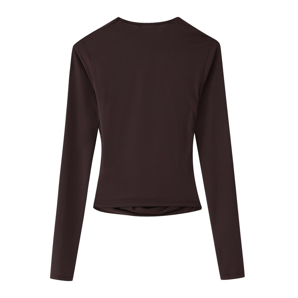 2025 Spring Women's European & American Style Cowl Neck Pleated Long Sleeve Nylon Top