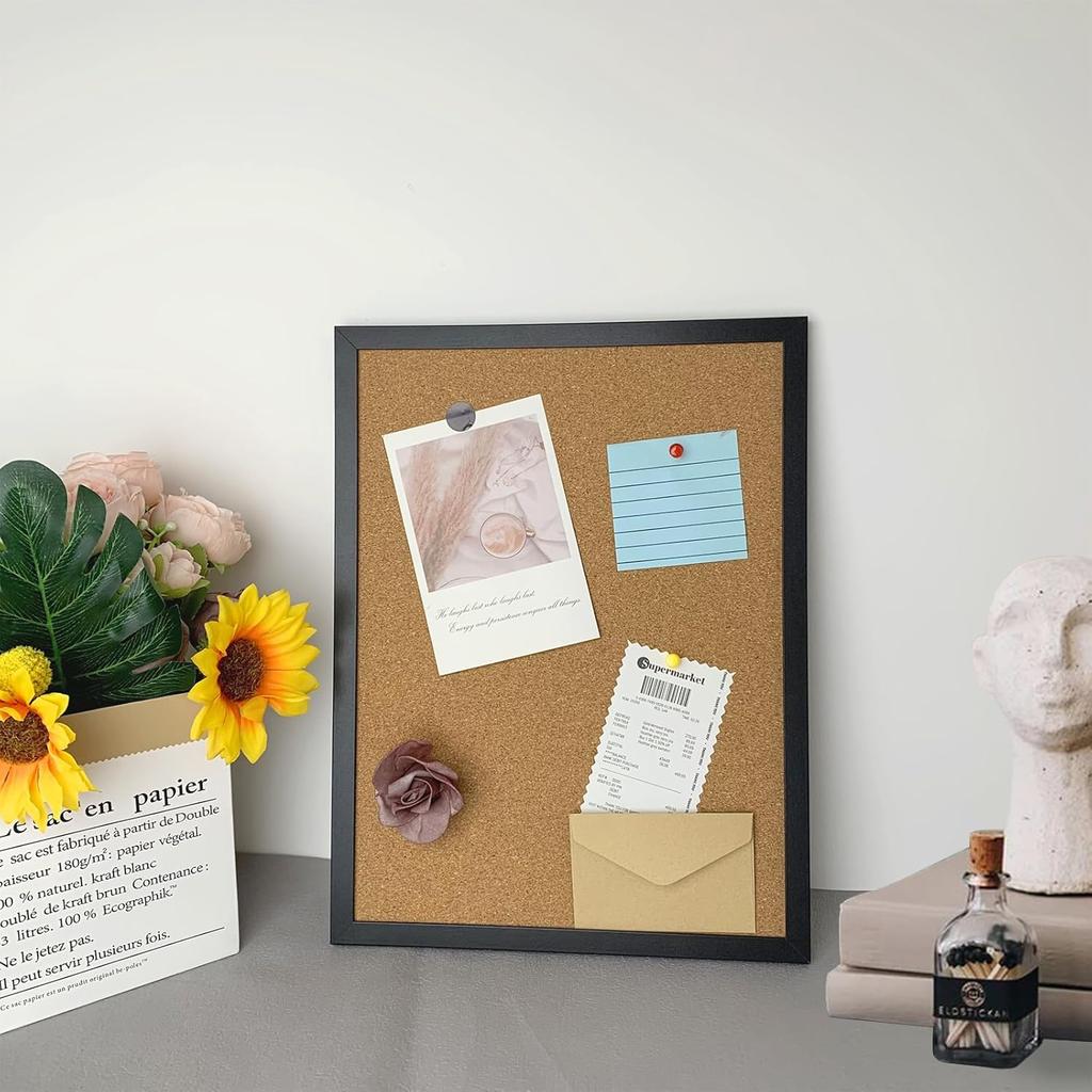 GDMINLO 2 Pack Black Cork Bulletin Board, 14.6"X 11" Cork Board, Oak Wood Finish Frame, Wall Mounted Board for Office Home and School(P, Eye Bolts,