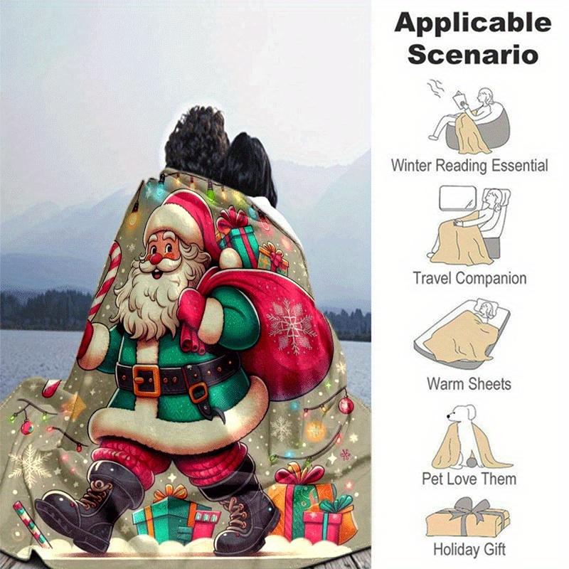 1pc Santa Claus Printing Lightweight Flannel Blanket, Comfortable and Warm Blanket, for Camping Sofa Bed and Couch Office, Gift Blankets In All